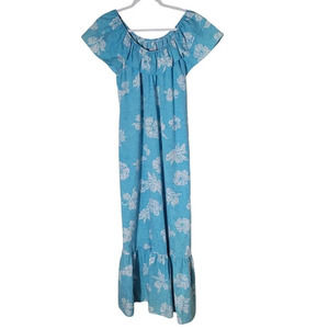 Vintage Hilo Hattie Off Shoulder Maxi Dress Women's Size Small Blue Hawaiian